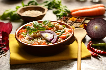 pear barley soup, chickpeas and green beans