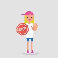 Warning. Forbidden. No access. Young female character holding a red stop sign. Flat editable vector illustration, clip art.