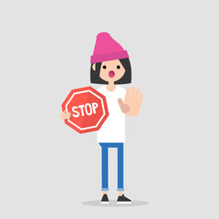 Warning. Forbidden. No access. Young female character holding a red stop sign. Flat editable vector illustration, clip art.