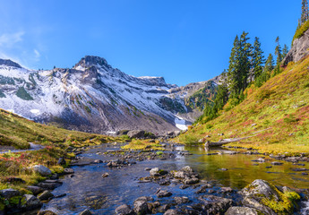 Fototapeta na wymiar Beautiful Mountain River at the Bagley Lake Trail Park. Mount Baker, Washington, USA.