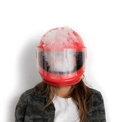 person vaping in helmut, imitate emotional top, losing control
