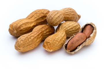 Dried peanuts on the white background.