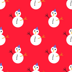 Seamless pattern with christmas Snowman on red background. Flat design, vector illustration, EPS10