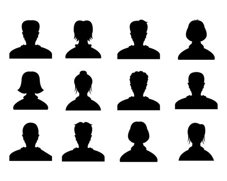 Male and female head silhouettes avatar, profile icons, people portraits. Black silhouette photo user person, illustration of profile user woman or man on white background.