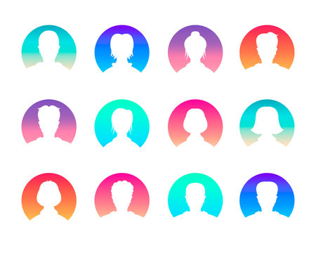 Social network and media avatars collection - white people silhouettes avatars. Vector illustration on white background. Modern colors.