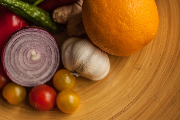 Macro shot of vegetables on bamboo platter