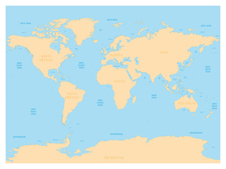 Hydrologische Weltkarte mit Beschriftungen von Ozeanen, Meeren, Golfen, Buchten und Meerengen. Vektorkarte mit gelben Ländern und blauem Wasser. © pyty