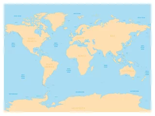 Hydrologische Weltkarte mit Beschriftungen von Ozeanen, Meeren, Golfen, Buchten und Meerengen. Vektorkarte mit gelben Ländern und blauem Wasser. © pyty