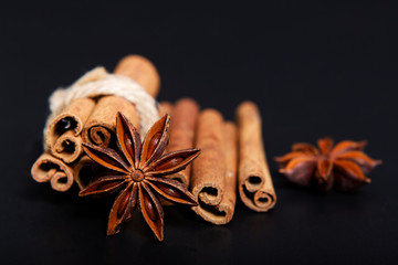 Sense of Spices star anise and cinnamon on black background with copy space