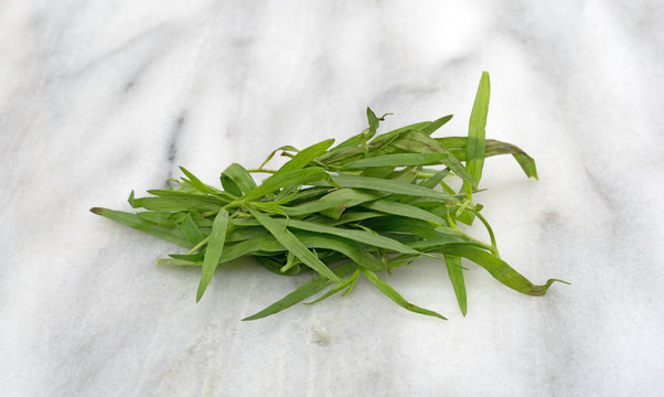 A small pile of organic tarragon leaves on a gray marble cutting board.