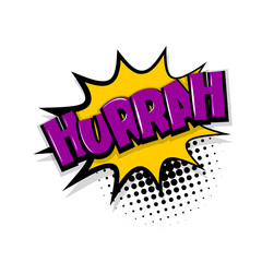 Hurrah, scream. Comic text speech bubble balloon. Pop art style wow banner message. Comics book font sound phrase template. Halftone dot vector illustration funny colored design.