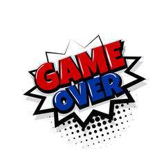 game over, play Comic text speech bubble balloon. Pop art style wow banner message. Comics book font sound phrase template. Halftone dot vector illustration funny colored design.