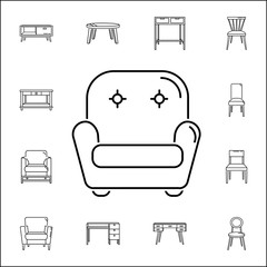 Armchair icon. Set of household accessories icons. Signs, outline furniture collection, simple thin line icons for websites, web design, mobile app, info graphics