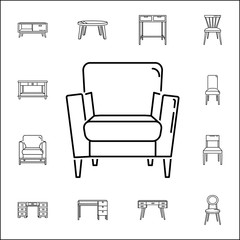 Armchair icon. Set of household accessories icons. Signs, outline furniture collection, simple thin line icons for websites, web design, mobile app, info graphics