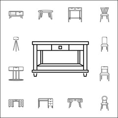 Desk icon. Set of household accessories icons. Signs, outline furniture collection, simple thin line icons for websites, web design, mobile app, info graphics