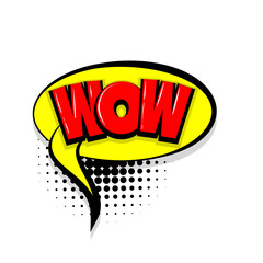 wow, boom Comic text speech bubble balloon. Pop art style wow banner message. Comics book font sound phrase template. Halftone dot vector illustration funny colored design.