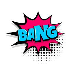 bang boom, gun Comic text speech bubble balloon. Pop art style wow banner message. Comics book font sound phrase template. Halftone dot vector illustration funny colored design.