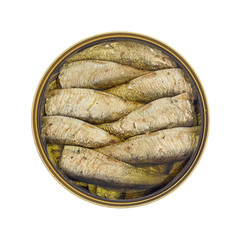 Top view of an opened tin of canned smoked sprats isolated on a white background.