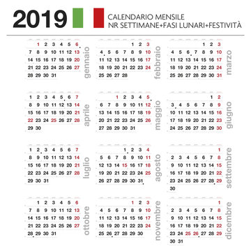 Calendario mensile Italiano 2019 con lune, festività e nr settimana