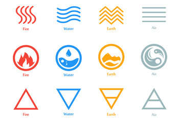 Vector illustration of four elements icons, line, triangle and round symbols set. Logo template. Wind, fire, water, earth symbol. Pictograph.