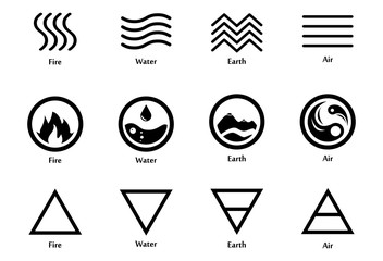 Vector illustration of four elements icons, line, triangle and round symbols set. Logo template. Wind, fire, water, earth symbol. Pictograph.