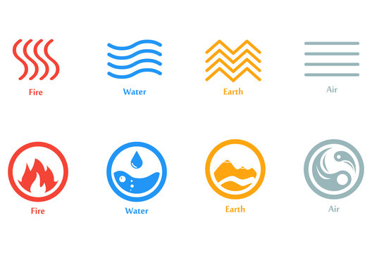 Vector illustration of four elements icons, line and round symbols set. Logo template. Wind, fire, water, earth symbol. Pictograph.