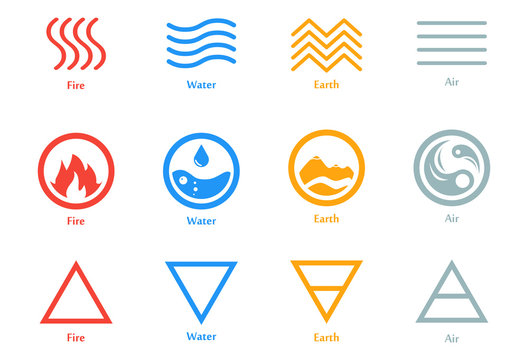 Vector illustration of four elements icons, line, triangle and round symbols set. Logo template. Wind, fire, water, earth symbol. Pictograph.