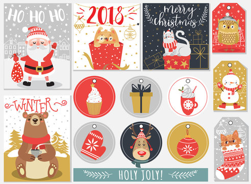 Set of Christmas and New Year labels and cards. Vector illustration.