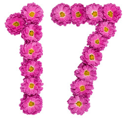 Arabic numeral 17, seventeen, from flowers of chrysanthemum, isolated on white background