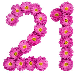 Arabic numeral 21, twenty one, from flowers of chrysanthemum, isolated on white background