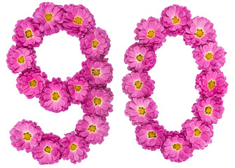 Arabic numeral 90, ninety, from flowers of chrysanthemum, isolated on white background