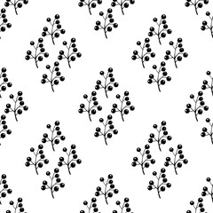 Beautiful seamless pattern in watercolor style (paper, paint, brush) - branches with rowan berries on a white background - winter concept, christmas - vector illustration