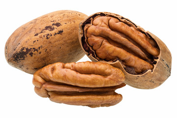 Three pecan  nut  isolated on a white background