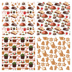 Christmas food and desserts holiday decoration xmas sweet celebration vector traditional festive winter cake homemade dish seamless pattern background.