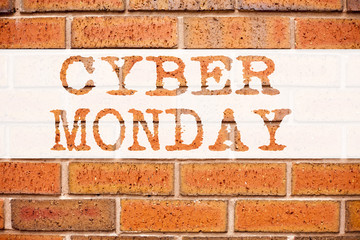 Conceptual announcement text caption inspiration showing Cyber Monday. Business concept for Retail Shop Discount written on old brick background with space