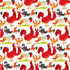 Cute cartoon rooster vector illustration chicken farm animal agriculture domestic character seamless pattern background