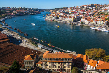 View of the old downtown of Porto and Douro river from Vila Nova de Gaia, Portugal.