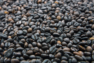 Many roasted coffee beans are ingredient of cappuccino, espresso, mocha for awake in the morning