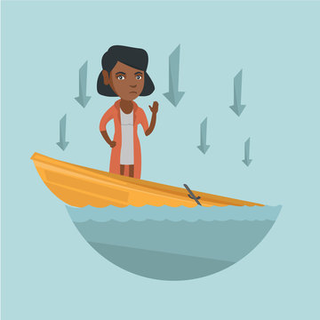 Young african-american business woman standing in sinking boat, asking for help and arrows behind her pointing down symbolizing business bankruptcy. Vector cartoon illustration. Square layout.