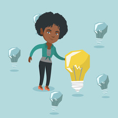 Young african business woman standing among unlit idea light bulbs and touching the brightest idea bulb. Concept of creative successful business idea. Vector cartoon illustration. Square layout.