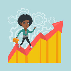 African-american successful business manager standing on profit chart. Young happy business manager running along the profit chart. Business profit concept. Vector cartoon illustration. Square layout.