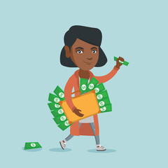 Young corrupt african-american executive manager walking with briefcase full of money. Concept of corruption, bribery and economic crime. Vector cartoon illustration. Square layout.