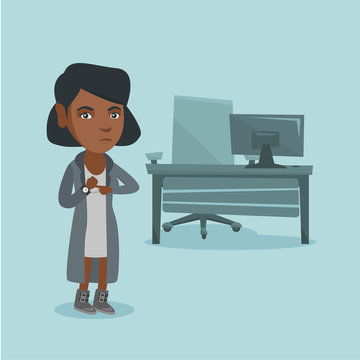 Young angry african-american employer pointing at time on wrist watch. Employer checking the time of coming to work her employees. Concept of late to work. Vector cartoon illustration. Square layout.