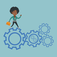 Young african business woman running on cogwheels. Business woman running to success. Business woman running in a hurry. Concept of moving to success. Vector cartoon illustration. Square layout.