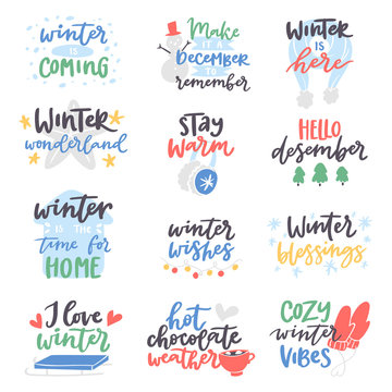 Winter quote vector card text design logo lettering typography saying Hello Christmas poster holiday quotation decoration wintertime illustration