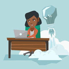 African manager working on a laptop in office while lightbulb taking off behind her back. Manager having business idea. Successful business idea concept. Vector cartoon illustration. Square layout.