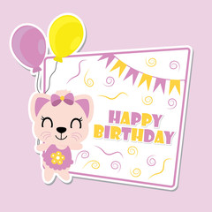 Cute kitten brings balloons on purple frame vector cartoon illustration for birthday invitation card, postcard, and wallpaper
