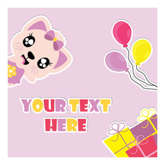 Cute kitten with colorful birthday gifts and balloons vector cartoon illustration for birthday invitation card, postcard, and wallpaper