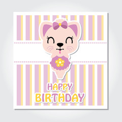 Cute kitten is happy on striped background vector cartoon illustration for birthday invitation card, postcard, and wallpaper