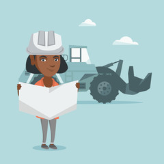 Young african-american engineer in hard hat inspecting a blueprint. Engineer with engineer blueprint in hands standing on the background of excavator. Vector cartoon illustration. Square layout.